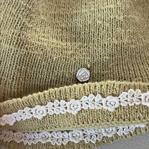 Boho Knit Floppy Bucket Hat Green Crochet Floral Trim One Size